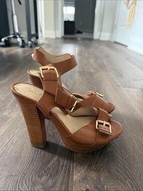 Aldo Tan Brown Leather Platform Heeled Sandals with Gold Buckles